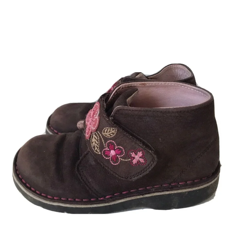 Stride Rite suede floral ankle shoes brown leather lined Little Girls size 10.5m